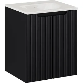 Badezimmerschrank mit Waschbecken 50 cm schwarz matt geriffelt Mühle modern - Schwarz