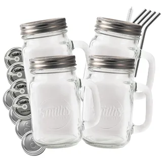 4er Set Trinkgläser mit Deckel und Strohhalm – 16oz/473ml Mason Jar Trinkglas limonadengläser, Glas mit Henkel und Strohhalm, Smoothie Gläser, Trinkglas für Eiskaffee
