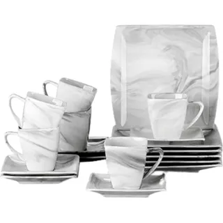 Happyment Luxus Geschirrset – 6 Personen – Porzellan – 18-teilig – Tafelservice – Marmor Design - Grau