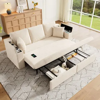 okwish Multifunktionales Wohnzimmersofa Schlafsofa mit Schlaffunktion Klappsofa mit USB‐Ladeanschluss und Stauraum Loungesofa mit Armlehnen‐Ablage und ausziehbarem Metallrahmen Beige - Beige