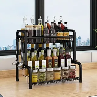 Klivien - Gewürzregal Gewürzaufbewahrung aus Edelstahl ohne Bohren Organizer mit 8 Haken für Gewürzflaschen Gläser Ölflaschen Speisekammer Lagern Spice Rack (2 Ebenen)
