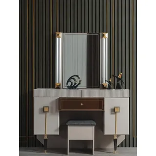 Moderne Schlafzimmer Holz Möbel Schminktisch Hocker Spiegel Garnitur - Beige