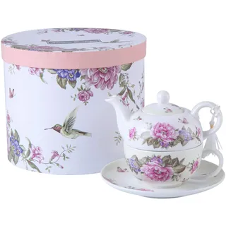London Boutique Tea for One Teekanne Teetasse Untertasse Set Geschenke für Frauen Tee-Set für 1 Flora Vogel Rose Schmetterling Porzellan Geschenk für Sie (Beige/Creme)