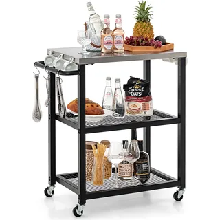 COSTWAY 3-stufiger Outdoor-Grillwagen rollbar, Arbeitstisch Servierwagen mit Platte, Griff, 3 Haken - Schwarz, Silber