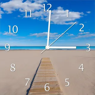 Wallario Design Wanduhr Auf dem Holzweg zum blauen Meer aus Echtglas, Größe 30 x 30 cm - Blau