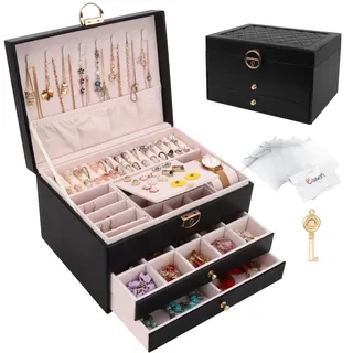 Schmuckkasten, Schmuckkästchen mit 3 Ebenen mit Schubladen, PU-Leder Schmuckbox Schmuckschatulle Groß Schmuck Organizer für Ringe Ohrringe Armbänder Halsketten, Schwarz