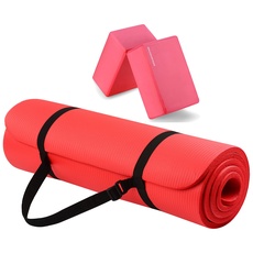 BalanceFrom GoYoga Allzweck-Yogamatte, extra dick, hohe Dichte, reißfest, mit Tragegurt und Yoga-Blöcken, Rot