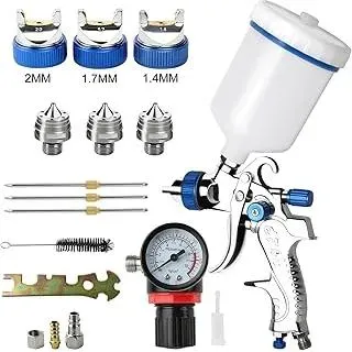 HVLP Lackierpistole Spritzpistole 3 Düsen 1,4mm 1,7mm 2,0mm Profi Farbsprühsystem Spraypistole mit 600 ml Plastikbecher Mit Luftdruckregler