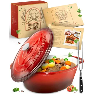 KRUSTENZAUBER 33cm Gusseisen Bräter mit Deckel backofengeeignet inkl. Fleischgabel - 6l Emaille Gusseisen Topf XL - Idealer Schmortopf Kazan, Bräter Induktion Oval, Geschenk Weihnachten