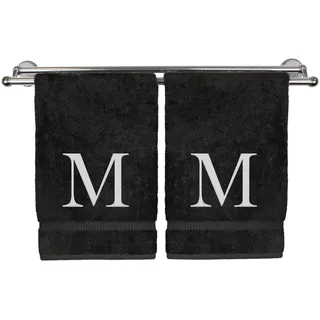 Monogrammiertes Handtuch, personalisiertes Geschenk, Set mit 2 weißen Block-Buchstaben, Besticktes Handtuch, extra saugfähig, 100% türkische Baumwolle, weiches Frottee, Anfangsbuchstabe M, Schwarz