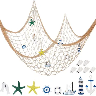 Dekorative Fischernetz Nautisches Fischernetz Wandbehang Dekor, 8 Stück Seestern, Segelboot, Leuchtturm, Rettungsring, Ruder, Anker mit transparentem Haken für MeerjungfrauParty (Cremeweiß)