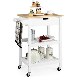COSTWAY Kleiner Küchenwagen auf Rollen, Servierwagen aus Bambus Holz, Kücheninsel mit Schublade & Schiebegriff & 2 offenen Regalen Weiß - Weiß