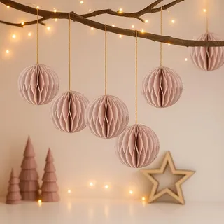 Ideen mit Herz Waben-Kugeln zum Aufhängen | mit Magnetverschluss | 6 Papierkugeln mit Goldrand | mit goldenem Band zur Aufhängung | Anhänger für Weihnachten | Weihnachtsdeko aus Papier (rosé)