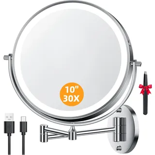 Auxmir 5000mAh Kosmetikspiegel mit Beleuchtung, 10" Wiederaufladbar Schminkspiegel mit 1X/30X Vergrößerung, Dimmbar Rasierspiegel mit 3 Lichtfarben, 360° Drehbar, Wandspiegel für Badezimmer & Hotel