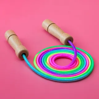 PRECORN Premium Springseil Regenbogen Kinder Hüpfseil Set mit Holzgriffen, ca. 250 cm inkl. Mitteverstärker – Geschenk für Jungen & Mädchen, Anfänger & Fortgeschrittene, Seilspringen Spielzeug