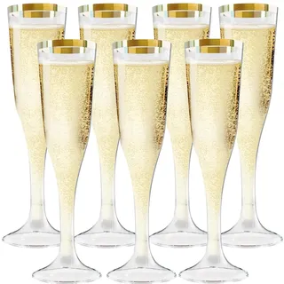 Sektgläser Plastik 50 Stück Champagnerflöten aus Kunststoff 150ml Mehrweg Sektgläser mit Goldene Kanten Marker Plastik Sektgläser für Hochzeit Party Picknicks Outdoor Partys Mimosa Bar(Transparent)