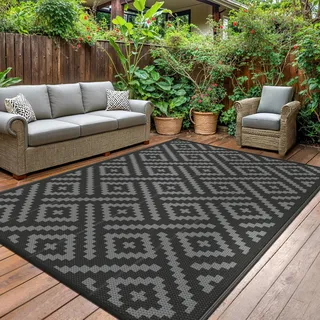 GENIMO Outdoor Teppich Wendbar – Wetterfest, UV-Beständig, Wasserdicht – Für Terrasse, Balkon, Garten, Camping, Picknick – Schwarz-Grau – Größe: 8x10ft