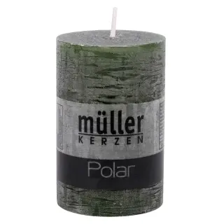 Müller Kerzen Polar Stumpenkerzen 90/58 mm, Raureif-Effekt, Kleiner Kerzen Stumpen für ein besonders gemütliches Ambiente, 1 Packung = 6 Stück, dunkelgrün