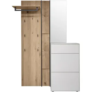 Johann Jakob Garderobe , Weiß, Eichefarben , Holz, Metall, Glas , 3-teilig , Kernbirke, Kerneiche , massiv , 125x196x39 cm , Garderobe, Garderoben-Sets & Garderoben-Serien, Garderoben-Sets