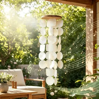Muschel Windspiel aus echten Capiz Muscheln, 45 cm Windspiel, Boho Deko Muschel Traumfänger, Entspannender Klang, Sommer Strand Deko