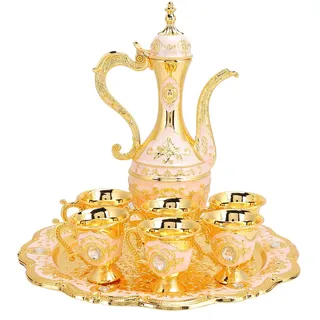 Vintage Türkische Kaffeekanne mit 6 Kaffeetassen, Türkisches Metall Teeset Einschließlich Handwerklicher Teetablett Teekanne und Teetassen für Hochzeitsgeschenk(Goldenes Rosa)