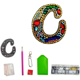 MEDOYOH Buchstaben C DIY Diamantmalerei Schlüsselanhänger, Retro Diamond Painting Buchstabe Schlüsselanhänger Acryl DIY Kunst Strass Diamant für Anhänger Tasche Dekor Brosche