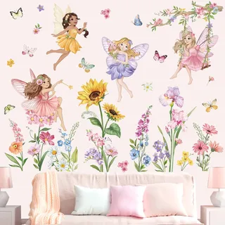 wondever Wandtattoo Fee Blumen Wandaufkleber Elfen Wildblume Sonnenblume Schmetterlings Wandsticker Wanddeko für Mädchenzimmer Kinderzimmer Babyzimmer