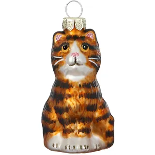 Holly & Jolly - Weihnachtskugel Katze, ca. 7 cm | Christbaumkugel aus Glas, handbemalt, Weihnachtsbaumschmuck in Orange und Schwarz, beglittert, Weihnachtsdeko für Innen