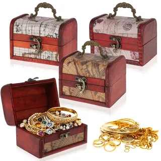BOUTICOL 3er Kleine Schatztruhe Vintage 12 * 8 * 8cm, Truhe mit Schloss Schatzkiste, Hölzerne Aufbewahrungsbox für die Lagerung Münzen Schmuck Dekoration Erinnerungsstücke