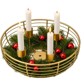 Relaxdays Adventskranz Drahtgeflecht, 4 Kerzenhalter, Metallschale, Gold | Metall, HxD: 6 x 20,5 cm, moderne Adventsdekoration, Weihnachtskranz rund