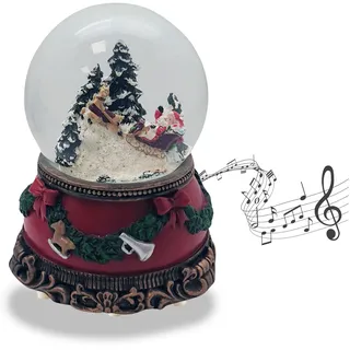 Schneekugel Weihnachten Spieluhr | Santa im Schlitten | Sockel Weihnachten rot Tannengirlande | mit Musik | Schüttelkugel Weihnachtsdekoration | B: 10 cm H: 14 cm | 20276