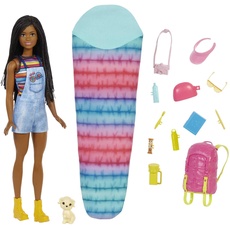 Bild von HDF74 - „Barbie im Doppelpack! Camping" Brooklyn Puppe (brünett mit geflochtenen Zöpfen, ca. 29 cm) mit Hündchen, Rucksack, Schlafsack, 10 Camping-Zubehörteilen, Geschenk für Kinder ab 3 Jahren