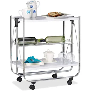 Relaxdays Servierwagen klappbar Weiß, 4 Rollen, Metall, 2 Böden, Korb, HxBxT 68,5 x 68 x 40,5 cm, Küchenrollwagen, Weiss