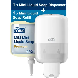 Tork Mini Seifenspender für Flüssigseife S2 / Weißer Seifenspender + Milde Mini Flüssigseife Premium für Tork S2 Mini Seifenspender Systeme / Gelb, 1 x 475 ml