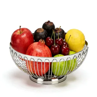 Tissting Obstschale Silber Edelstahl Obsttablett 20cm/22cm/24cm/26cm Runde Snack Gemüse Schale Europäischen Stil Draht Hohl Deko Obstkorb für Home, Restaurant(24cm)