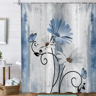 ASDCXZ Rustikal Bauernhaus Duschvorhang 180x200 cm, Vintage Bauernhof Blau Gänseblümchen Blumen Schmetterling Wasserdicht Badvorhang Polyester Textil Waschbar Duschvorhänge für Badewanne mit 12 Haken