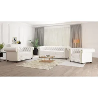 s-style möbel - Chesterfield Polstergarnitur 3+2+1 aus Weiß veganem Leder mit Holzfüßen - Area, B/T/H: 3er - 203 cm/86 cm/72 cm - Weiß