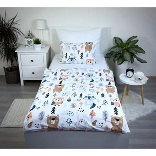 Theonoi Kinderbettwäsche 100x135 Bettwäsche – Set Baumwolle Oeko Tex, hautfreundlich, atmungsaktiv für Kinder, Kleinkind, Baby – Wald Tiere