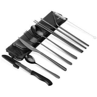 hecef Camping Besteck, 10 Teiliges Reisebesteck mit Etui, Wiederverwendbares 18/0 Edelstahl Besteck Set, Outdoor Besteck mit Gabel, Löffel, Messer ect. (Schwarz)