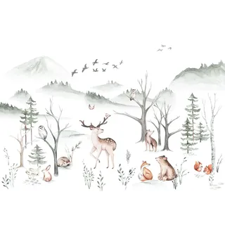 KOMAR Vlies - Cozy Woods 400 x 280 cm (Breite x Höhe) - Tiere, Wald, Waldtier, Kindertapete, Kinderzimmer, Tapete - IAX8-0034