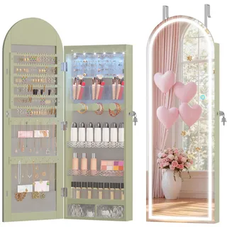 LVSOMT Gewölbter Schmuckschrank Hängend, 6 LEDs Schmuckschrank mit Spiegel | Hängend Schmuck Schrank Abschließbarer, Bogen Schmuckaufbewahrung, Wandschrank, an der Tür hängend Spiegelschrank für Damen