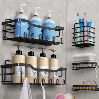 Duschablage Ohne Bohren, 5 Stück Badezimmer Organizer, Duschregal Ohne Bohren, Bad Organizer Badezimmer Regal Schwarz aus SUS304 Edelstahl, Badregal Duschkorb Shampoo Halterung für Dusche