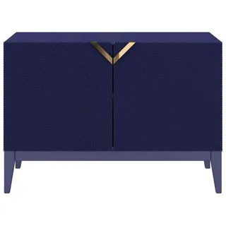 Visby Sideboard Demi 2D Long, Marinblau-Gold, Mit Gefrästen Fronten, Massive Buche , Dunkelblau , Buchenholz , 100.5x70x42 cm , Kleinmöbel, Kommoden, Sideboards