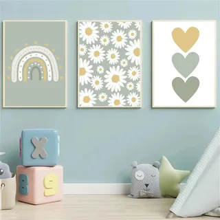 Ueiwffzo 3er Set Poster Kinderzimmer, Boho Gänseblümchen Regenbogen Wandbilder Deko, Bilder Leinwand Wandposter, Ohne Rahmen (21X30cm)
