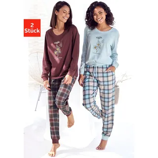 Vivance Dreams Pyjama Packung, 2 Stück, 4 tlg. mit Frontdruck, bordeaux, kariert, kariert, hellblau