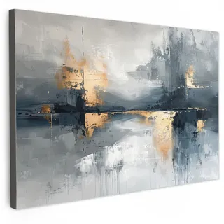 MuchoWow Leinwandbild Kunst - Grau - Gold - Abstrakt XXL 150x100 cm , Dunkelgrau , Textil , Kiefer , Rechteckig , 150x100 cm , FSC 100% , gerahmt , Bilder & Rahmen, Bilder, Leinwandbilder