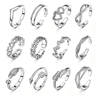 QEQSHQO 12 Stück Zehenringe Damen, Silber verstellbar offen, Vintage Strand Schmuck Set. Perfekt für Sommer, Strand & Urlaub – verschiedene Designs für individuellen Stil.