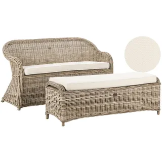 Beliani Gartensofa 2-Sitzer mit Ottomane Naturfarben Susua , Naturfarben, Weiß , Naturmaterialen , 141x86x69 cm , Gartenmöbel, Loungemöbel, Gartensofas & Loungesofas