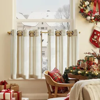 TOPICK Voile Scheibengardinen Bistrogardine für Wohnzimmer modern H 60 x B 90 (cm) 2er Set mit Ösen Transparent Landhaus Streifen Küchenvorhang Gestreift Küchengardinen Paarig Klein Fenster Beige