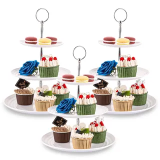 YAYODS 3 Stück Etagere 3 Etagen - Weiß Höhe 33 cm Cupcake Ständer - Kunststoff Rund Tortenständer 3 Etagen für Kuchen, Obst, Snacks, Kekse, Nachmittagstee, Wiederverwendbar